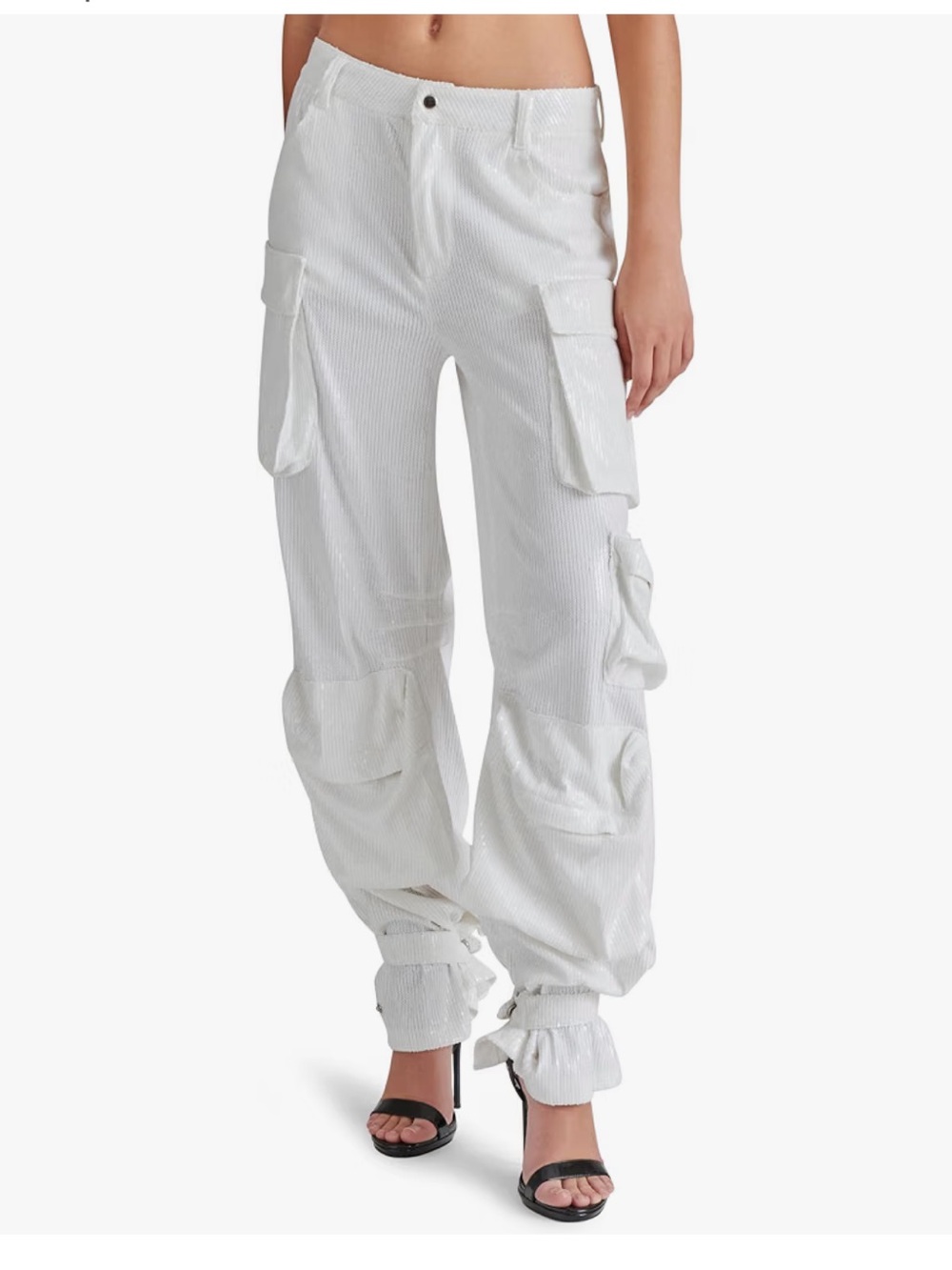 Steve Madden Duo Sequin Cargo Pants White Silver Wide Leg S NWT $139